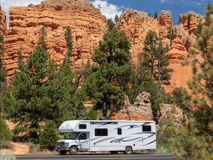 RV driving through mountains